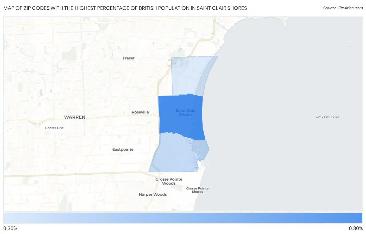 Zip Codes with the Highest Percentage of British Population in Saint Clair Shores Map