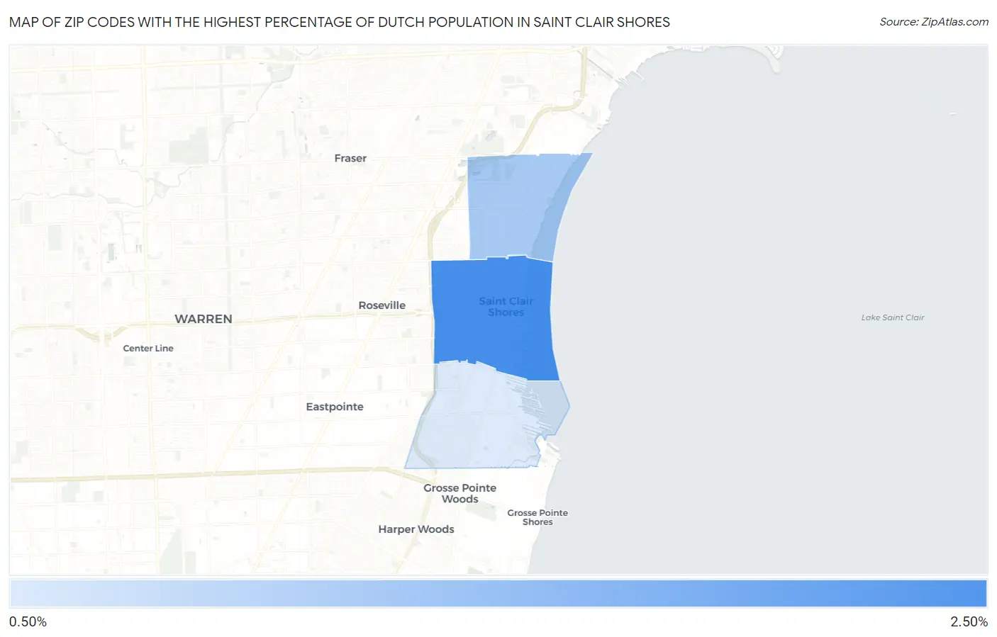 Zip Codes with the Highest Percentage of Dutch Population in Saint Clair Shores Map