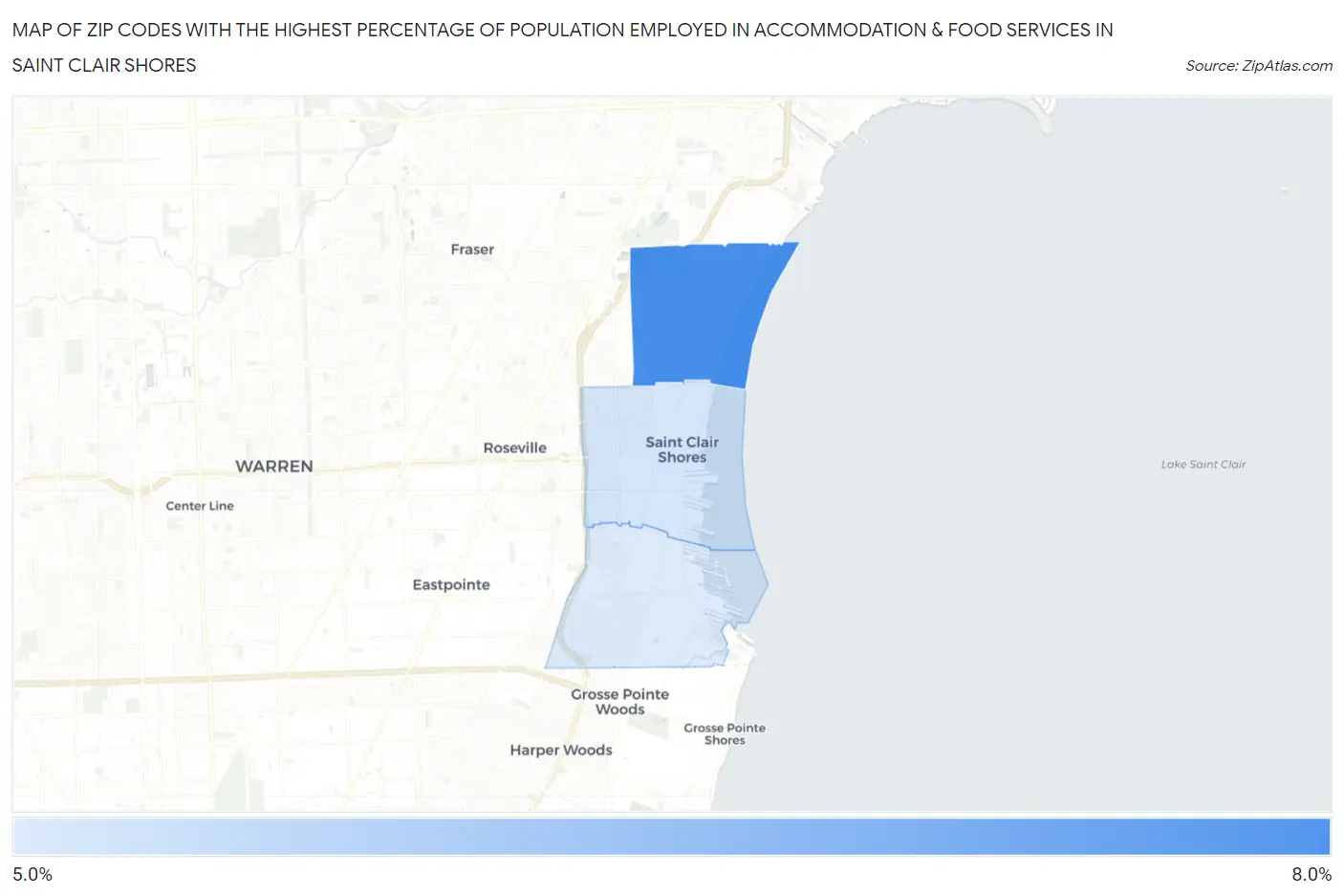 Zip Codes with the Highest Percentage of Population Employed in Accommodation & Food Services in Saint Clair Shores Map