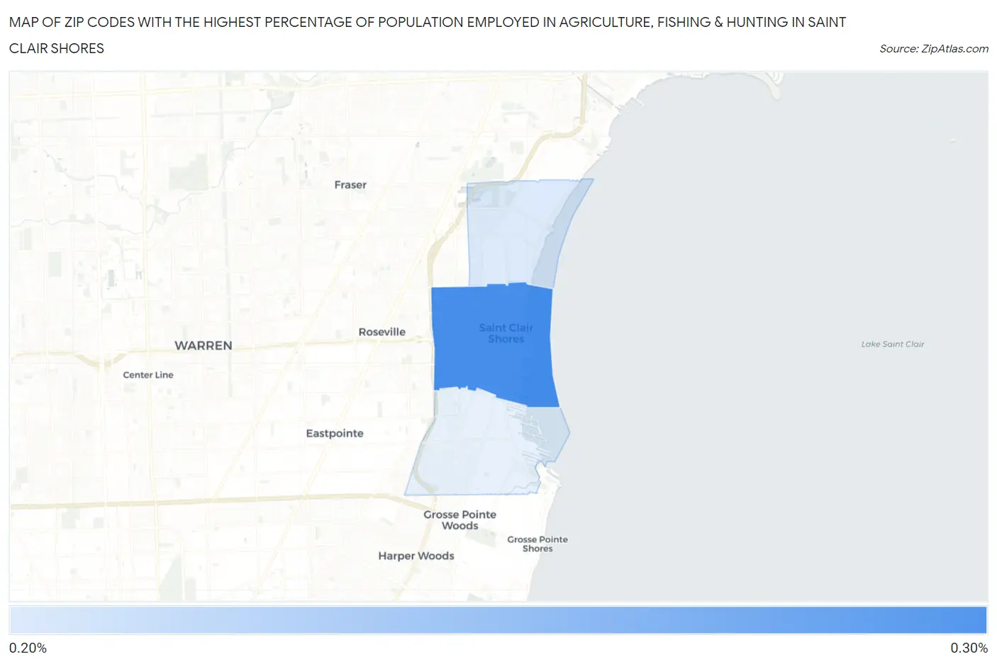 Zip Codes with the Highest Percentage of Population Employed in Agriculture, Fishing & Hunting in Saint Clair Shores Map