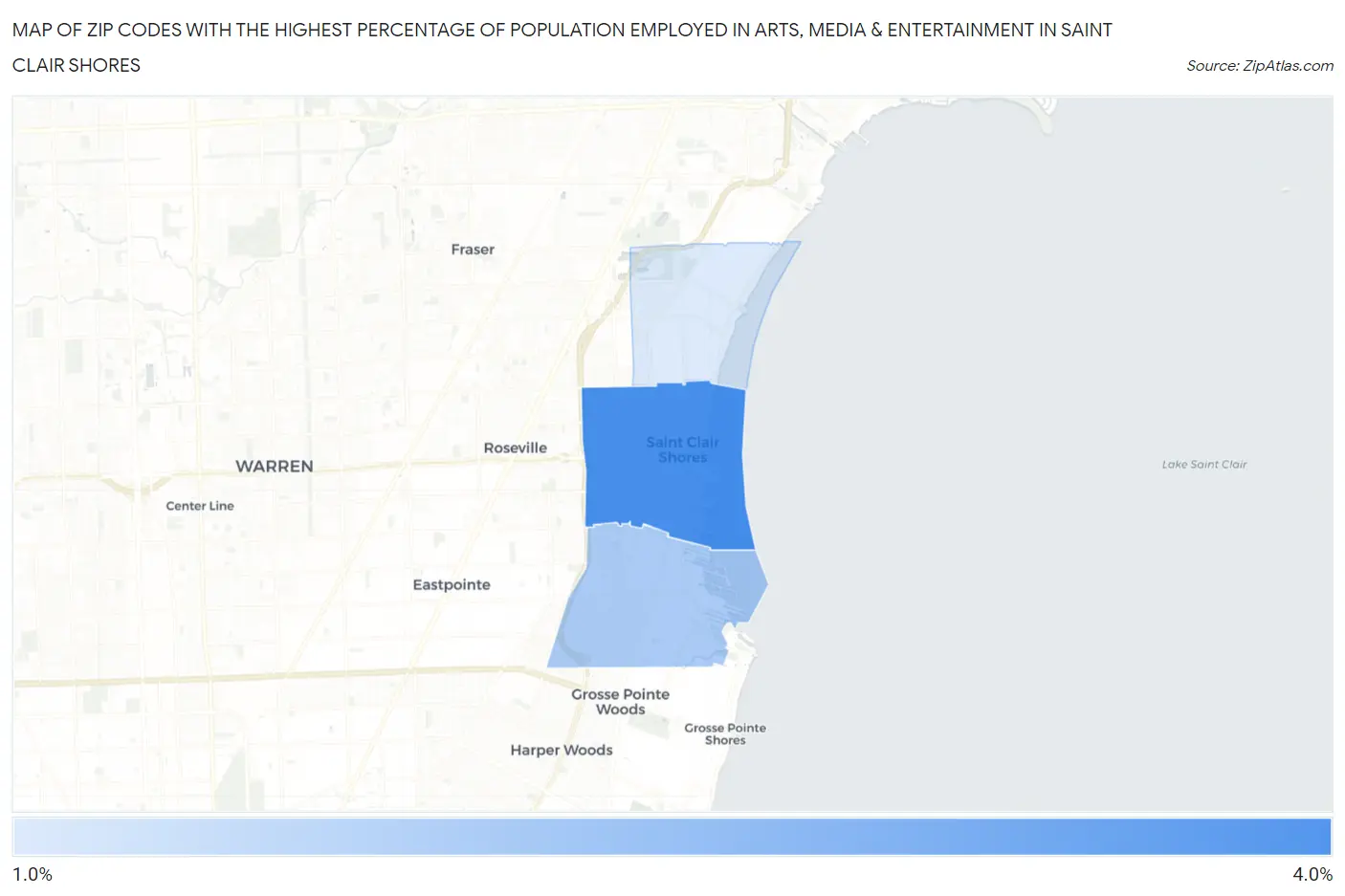 Zip Codes with the Highest Percentage of Population Employed in Arts, Media & Entertainment in Saint Clair Shores Map