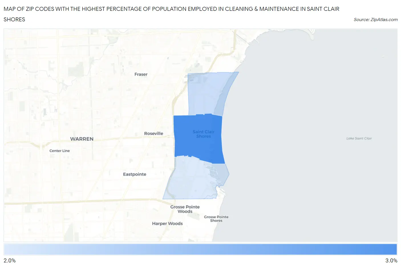 Zip Codes with the Highest Percentage of Population Employed in Cleaning & Maintenance in Saint Clair Shores Map