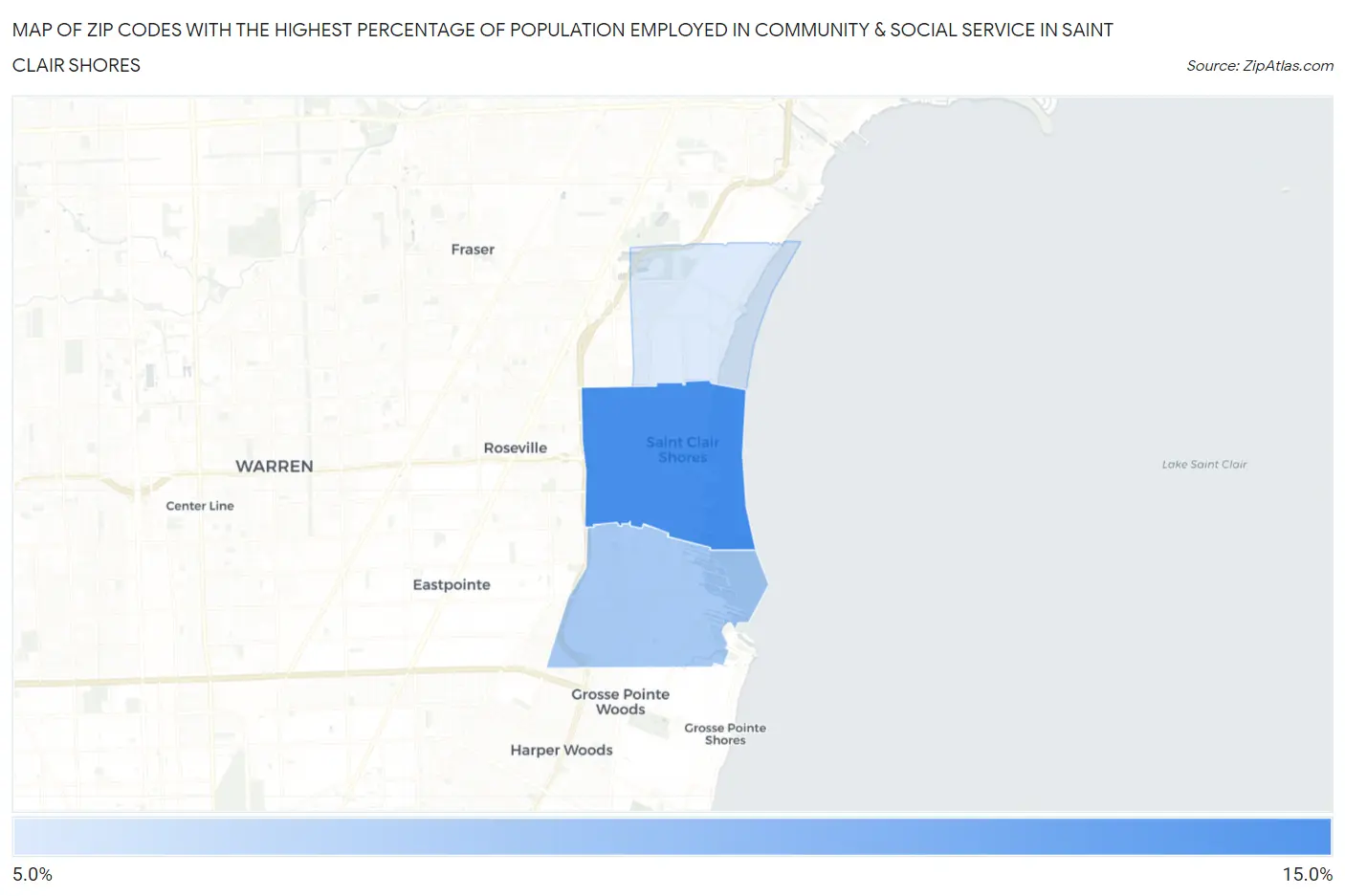 Zip Codes with the Highest Percentage of Population Employed in Community & Social Service  in Saint Clair Shores Map