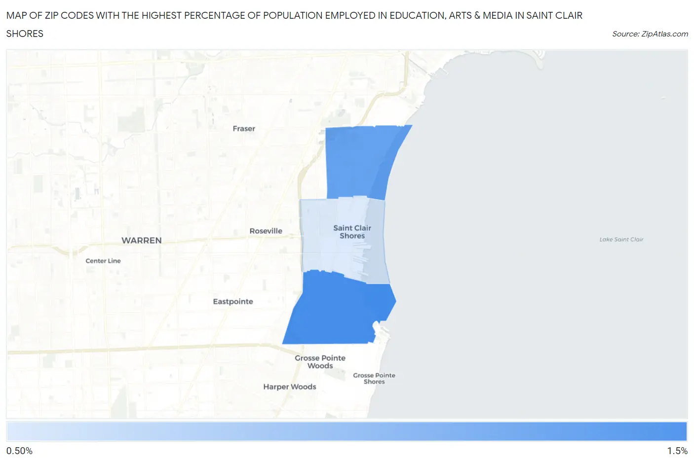 Zip Codes with the Highest Percentage of Population Employed in Education, Arts & Media in Saint Clair Shores Map