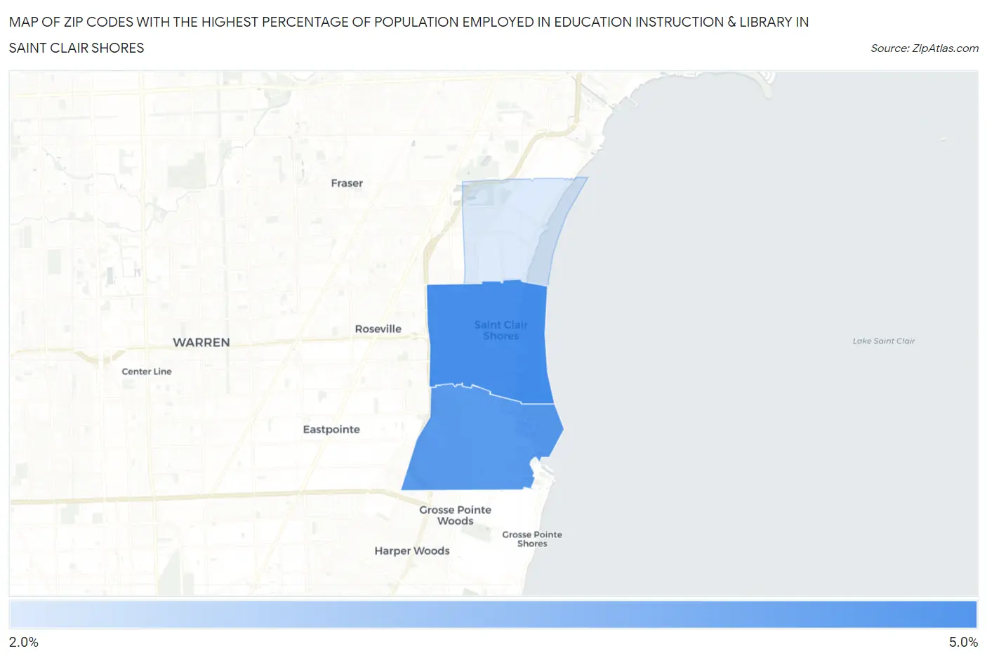 Zip Codes with the Highest Percentage of Population Employed in Education Instruction & Library in Saint Clair Shores Map