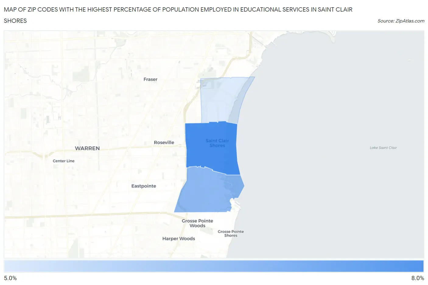 Zip Codes with the Highest Percentage of Population Employed in Educational Services in Saint Clair Shores Map
