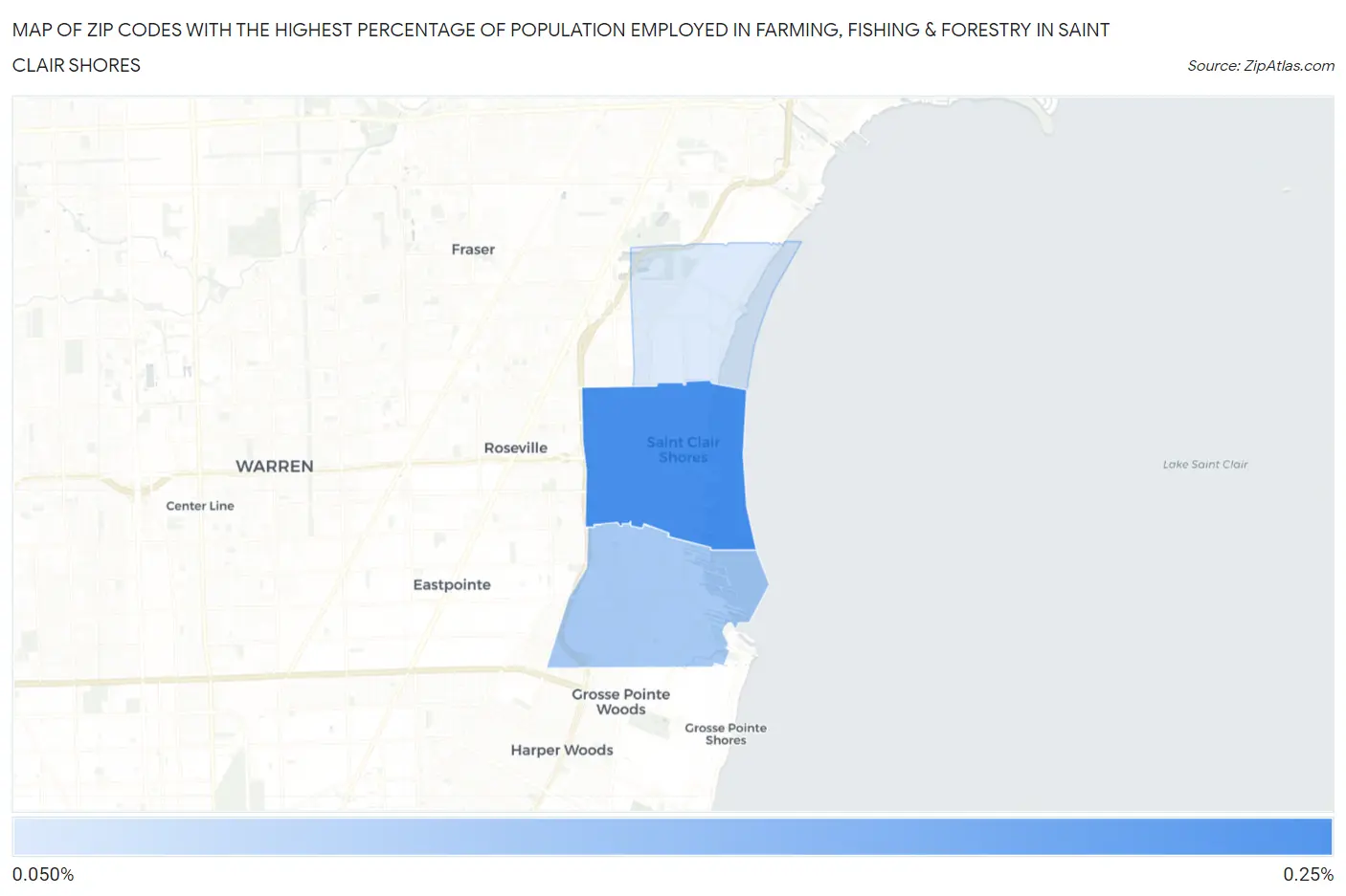 Zip Codes with the Highest Percentage of Population Employed in Farming, Fishing & Forestry in Saint Clair Shores Map