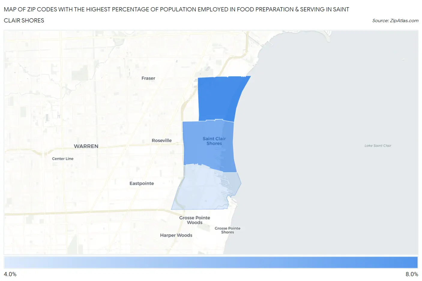 Zip Codes with the Highest Percentage of Population Employed in Food Preparation & Serving in Saint Clair Shores Map