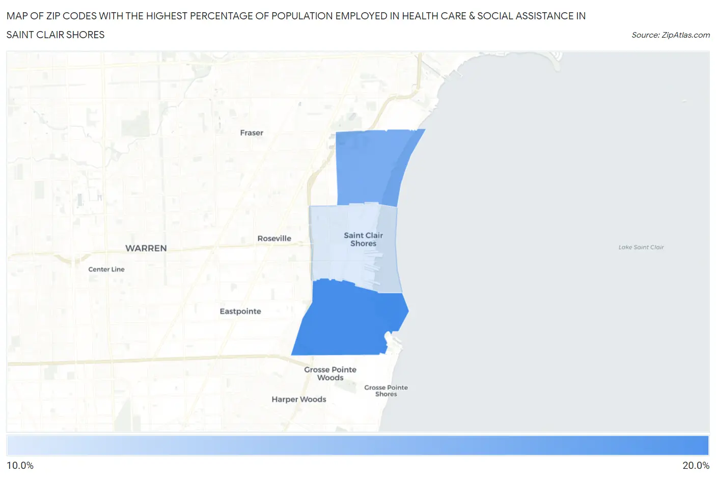 Zip Codes with the Highest Percentage of Population Employed in Health Care & Social Assistance in Saint Clair Shores Map