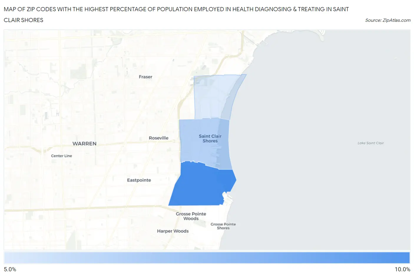 Zip Codes with the Highest Percentage of Population Employed in Health Diagnosing & Treating in Saint Clair Shores Map