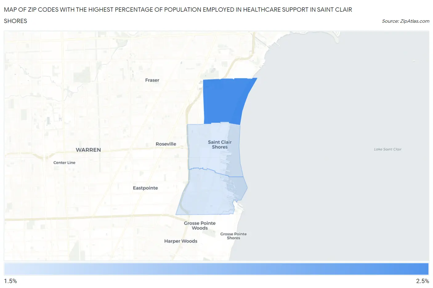 Zip Codes with the Highest Percentage of Population Employed in Healthcare Support in Saint Clair Shores Map
