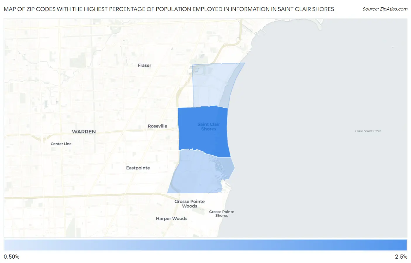 Zip Codes with the Highest Percentage of Population Employed in Information in Saint Clair Shores Map