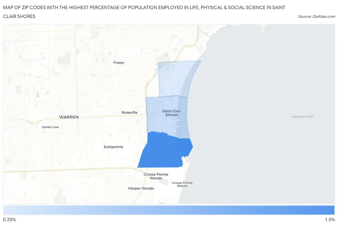 Zip Codes with the Highest Percentage of Population Employed in Life, Physical & Social Science in Saint Clair Shores Map