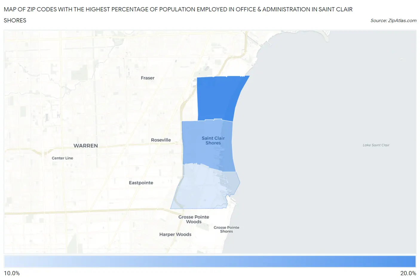 Zip Codes with the Highest Percentage of Population Employed in Office & Administration in Saint Clair Shores Map
