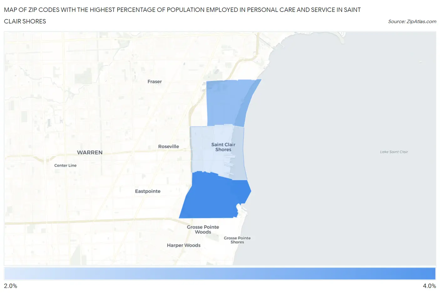 Zip Codes with the Highest Percentage of Population Employed in Personal Care and Service in Saint Clair Shores Map