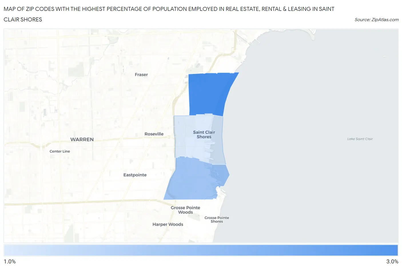 Zip Codes with the Highest Percentage of Population Employed in Real Estate, Rental & Leasing in Saint Clair Shores Map
