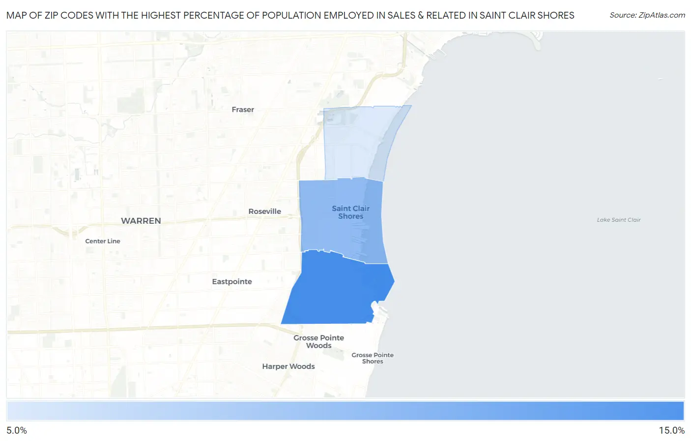 Zip Codes with the Highest Percentage of Population Employed in Sales & Related in Saint Clair Shores Map
