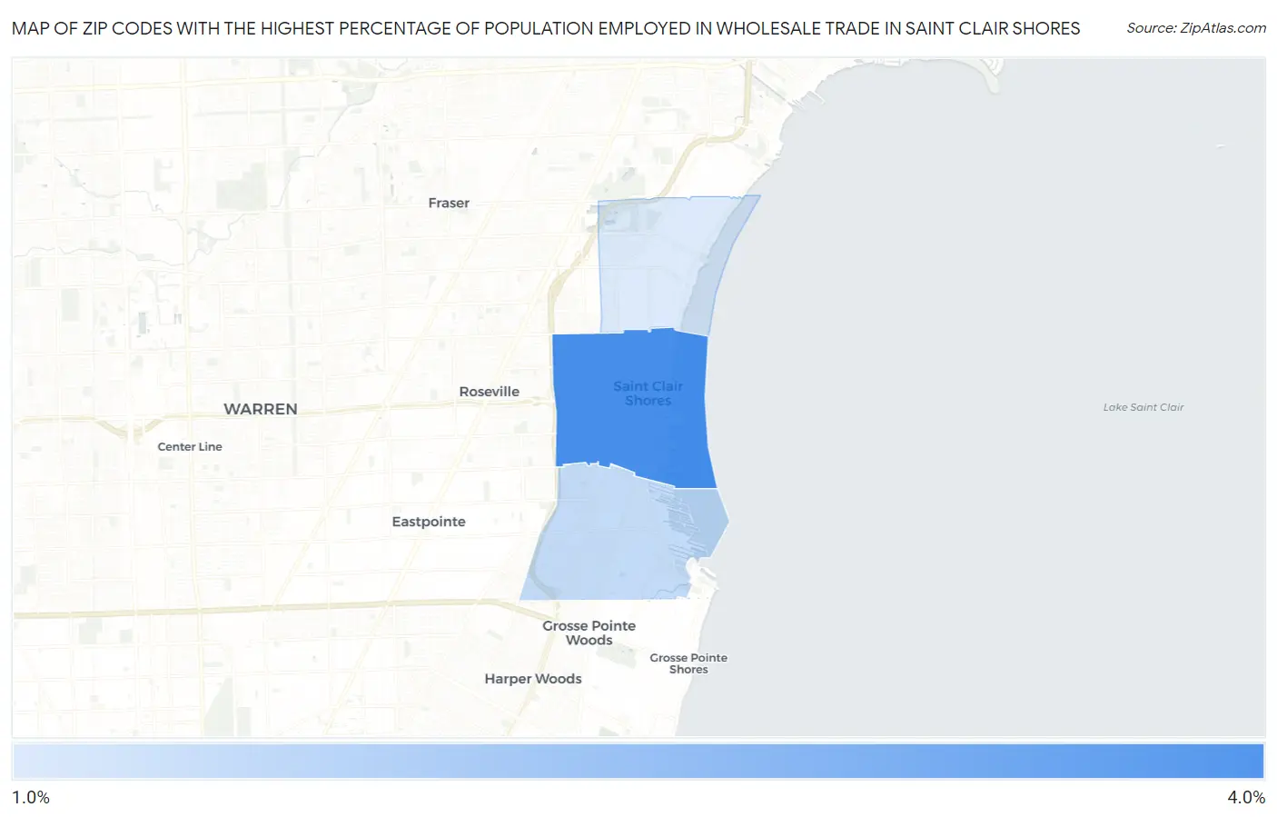 Zip Codes with the Highest Percentage of Population Employed in Wholesale Trade in Saint Clair Shores Map