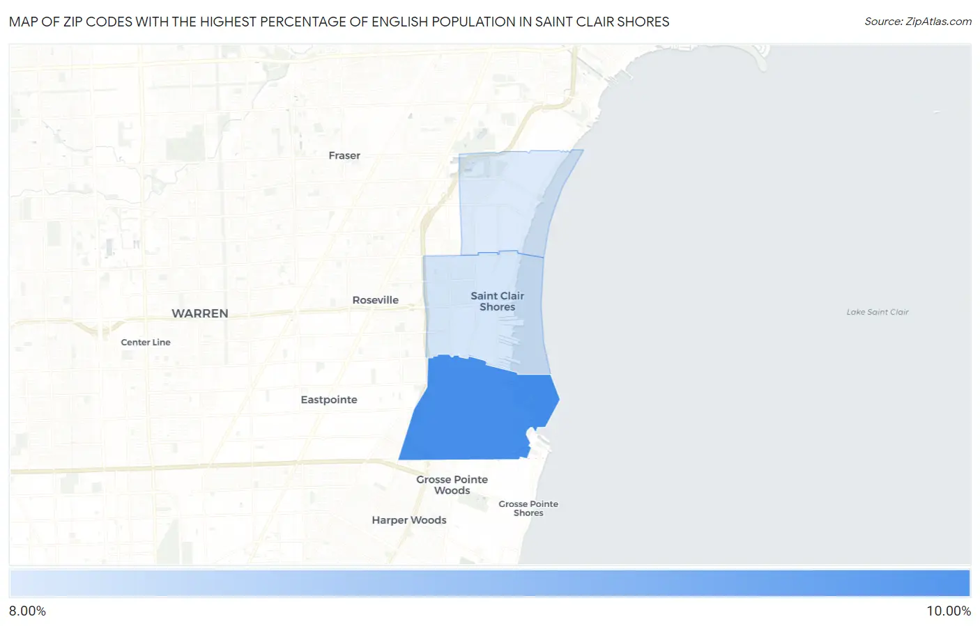 Zip Codes with the Highest Percentage of English Population in Saint Clair Shores Map