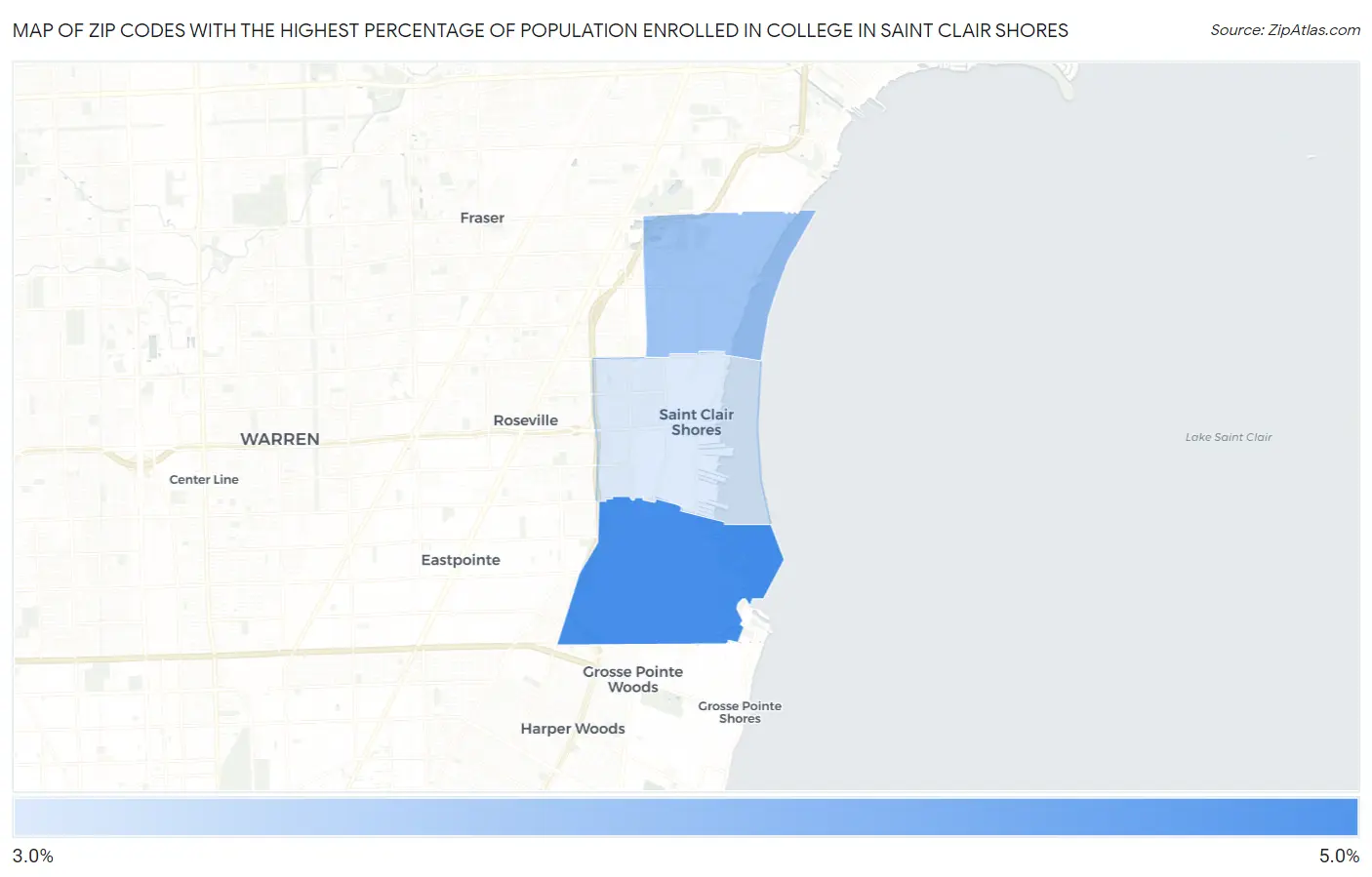Zip Codes with the Highest Percentage of Population Enrolled in College in Saint Clair Shores Map