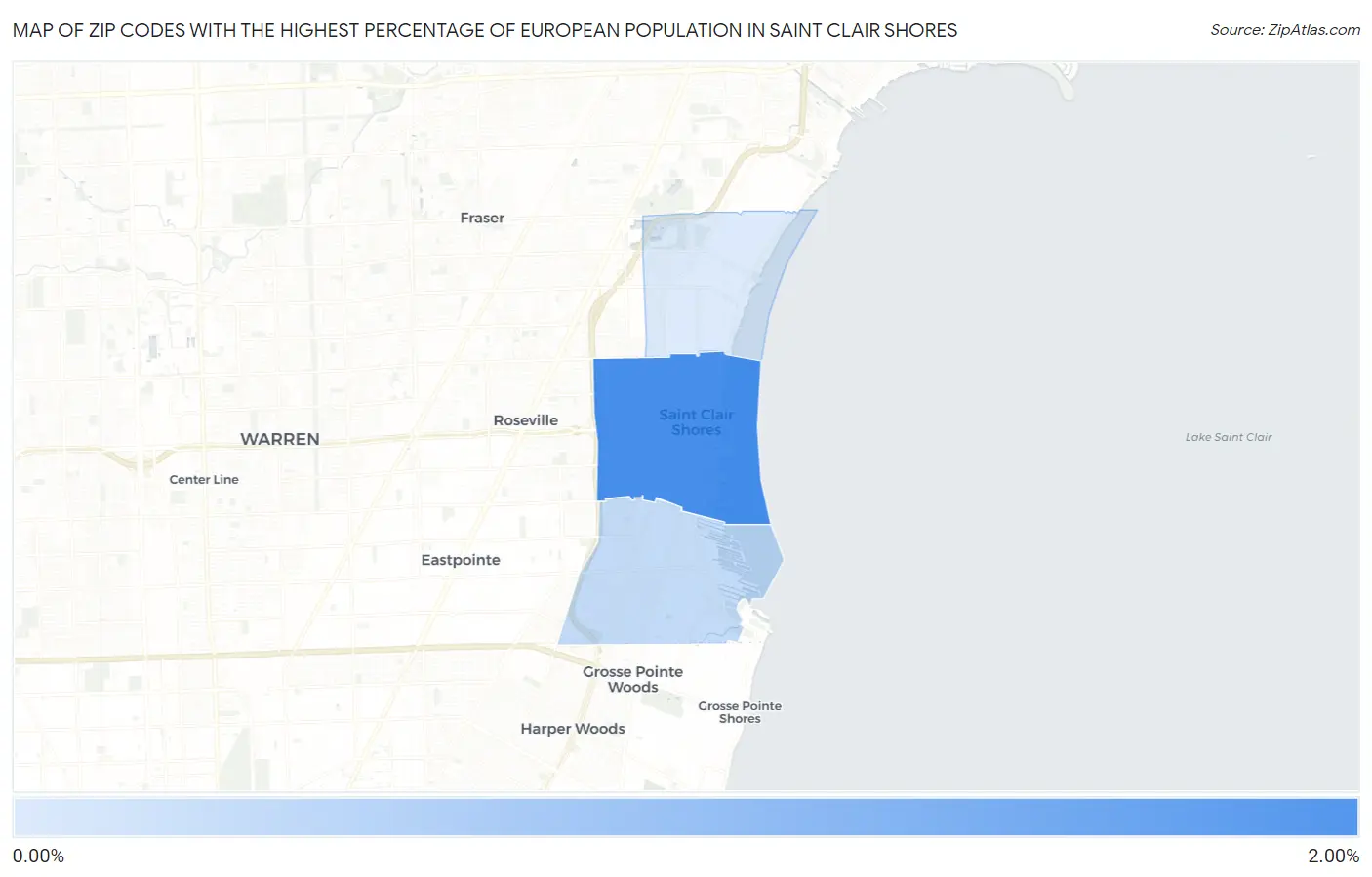 Zip Codes with the Highest Percentage of European Population in Saint Clair Shores Map