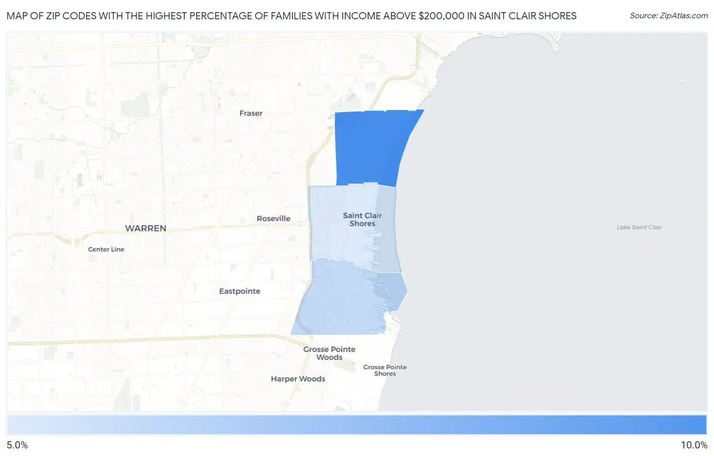 Zip Codes with the Highest Percentage of Families with Income Above $200,000 in Saint Clair Shores Map