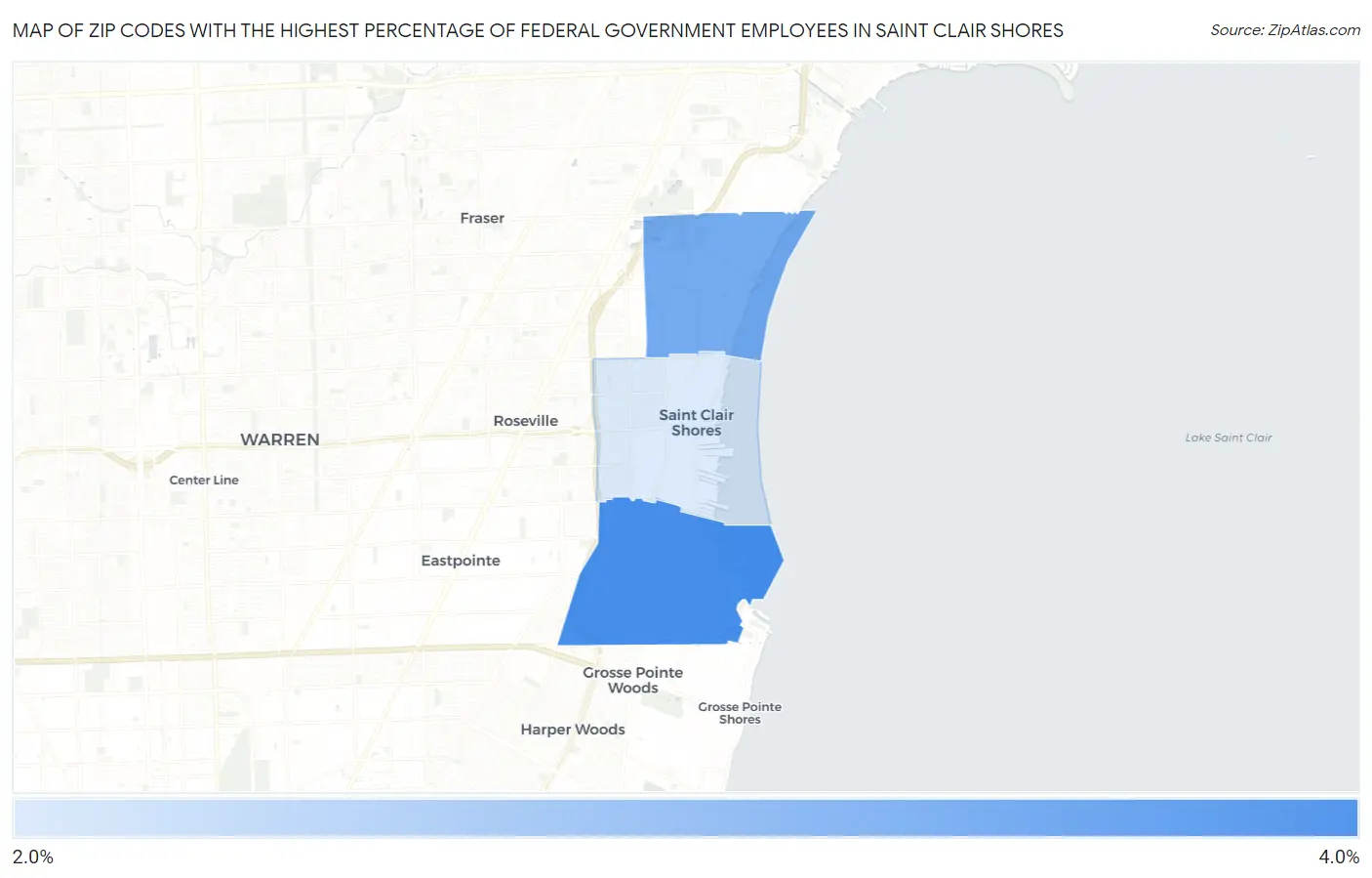 Zip Codes with the Highest Percentage of Federal Government Employees in Saint Clair Shores Map