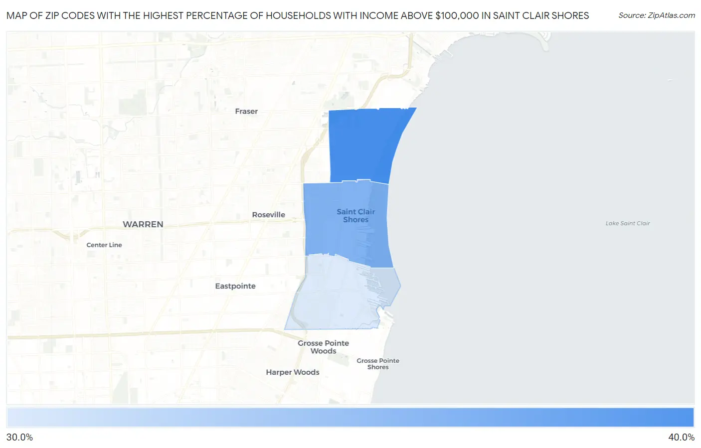 Zip Codes with the Highest Percentage of Households with Income Above $100,000 in Saint Clair Shores Map