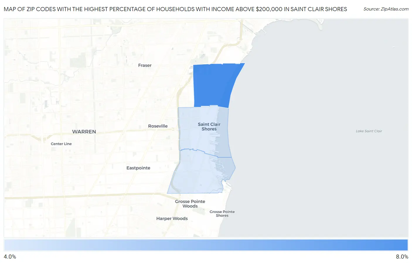 Zip Codes with the Highest Percentage of Households with Income Above $200,000 in Saint Clair Shores Map