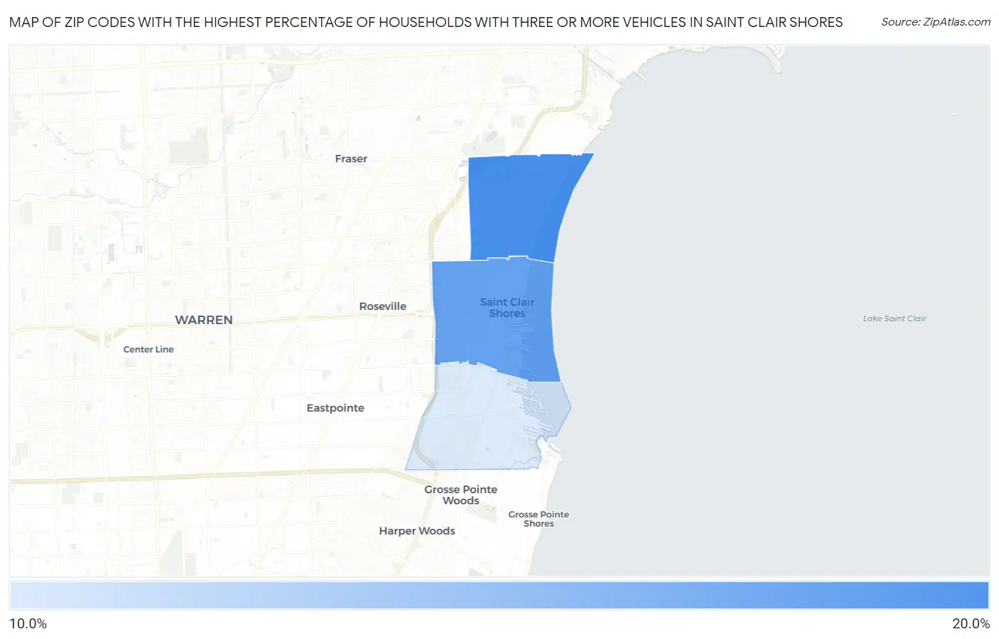 Zip Codes with the Highest Percentage of Households With Three or more Vehicles in Saint Clair Shores Map