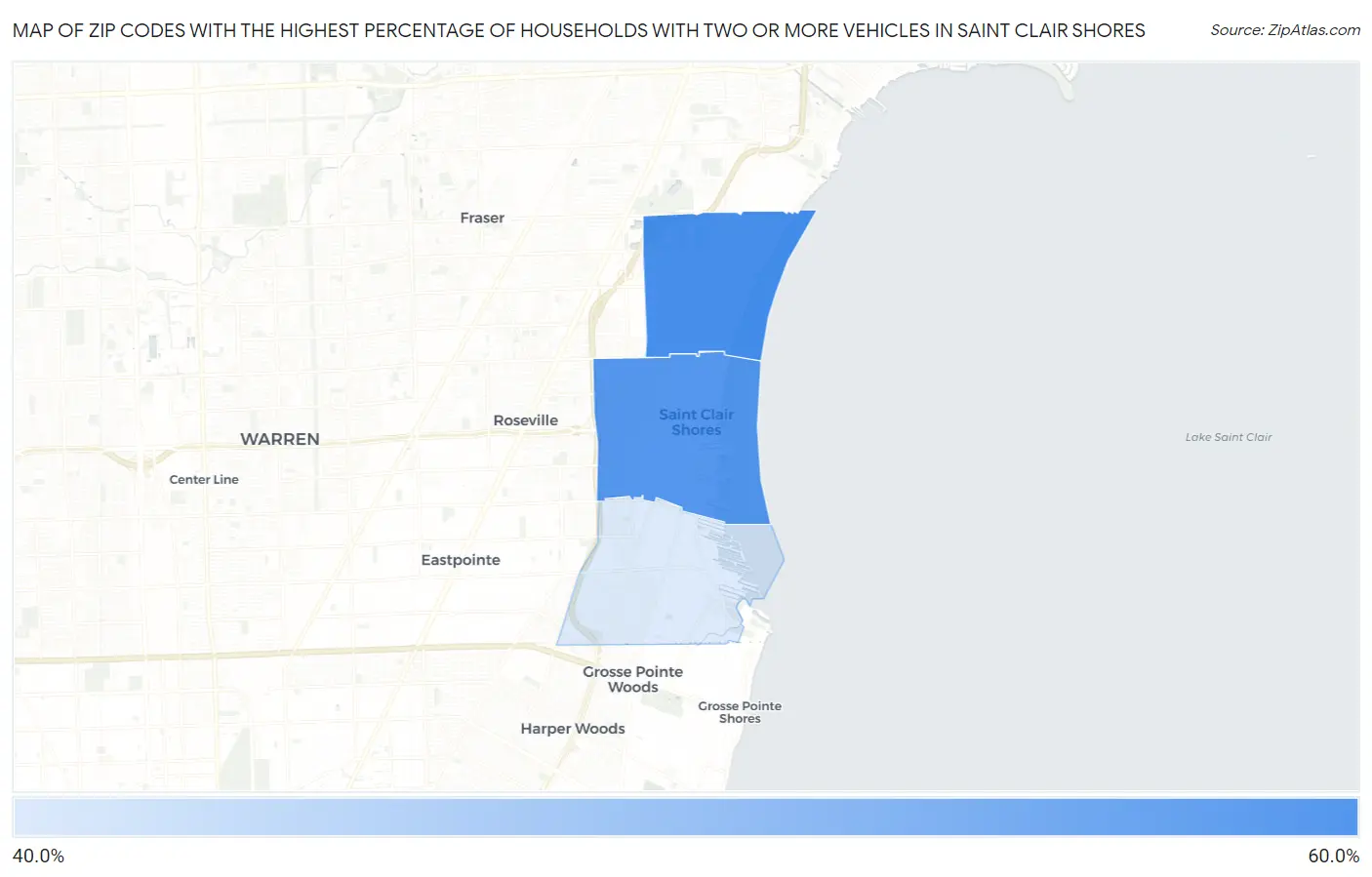 Zip Codes with the Highest Percentage of Households With Two or more Vehicles in Saint Clair Shores Map
