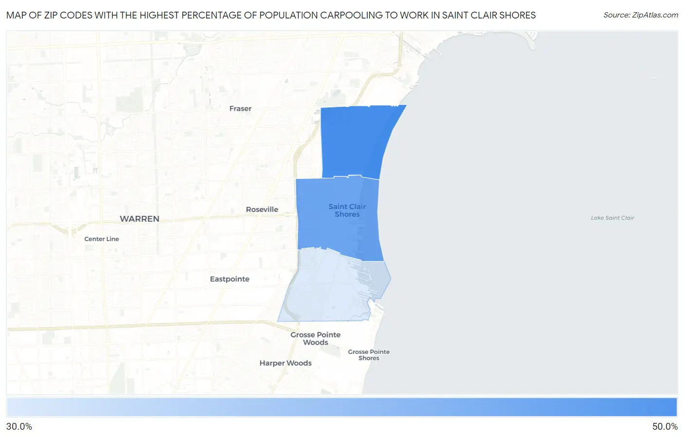 Zip Codes with the Highest Percentage of Population Carpooling to Work in Saint Clair Shores Map