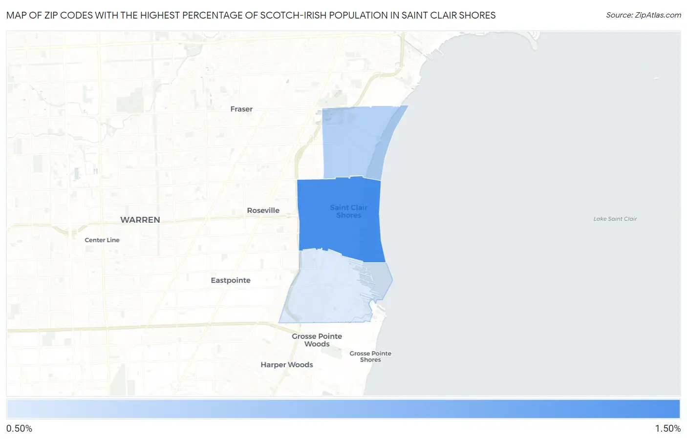 Zip Codes with the Highest Percentage of Scotch-Irish Population in Saint Clair Shores Map