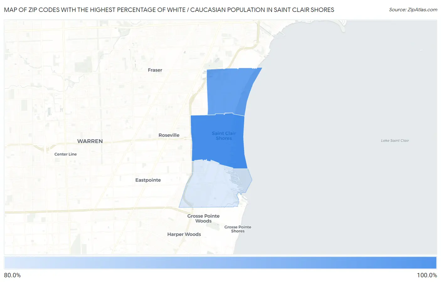 Zip Codes with the Highest Percentage of White / Caucasian Population in Saint Clair Shores Map