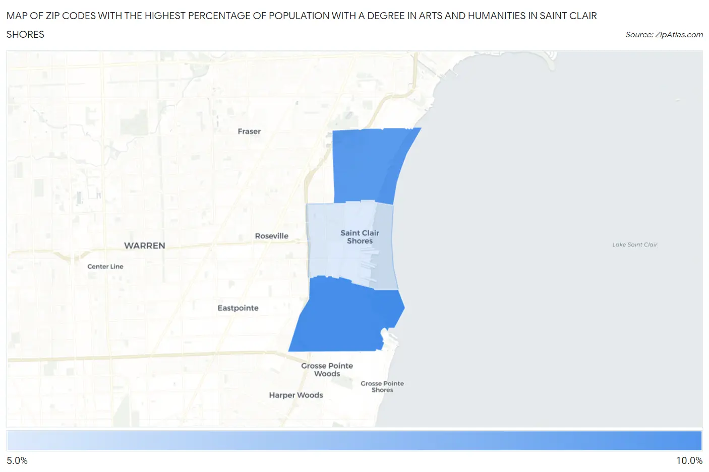 Zip Codes with the Highest Percentage of Population with a Degree in Arts and Humanities in Saint Clair Shores Map
