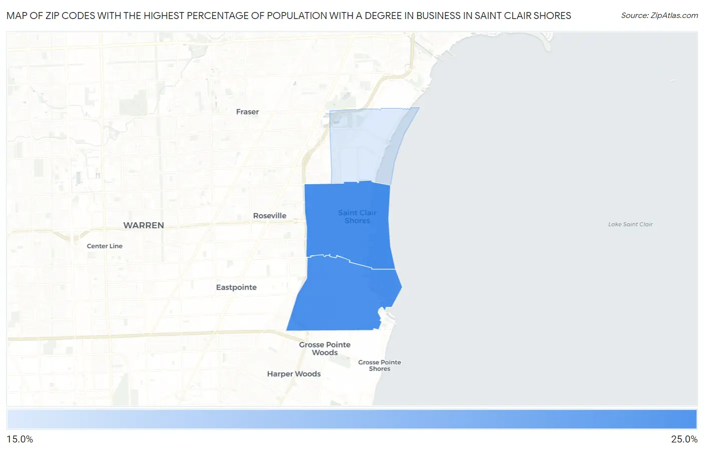 Zip Codes with the Highest Percentage of Population with a Degree in Business in Saint Clair Shores Map