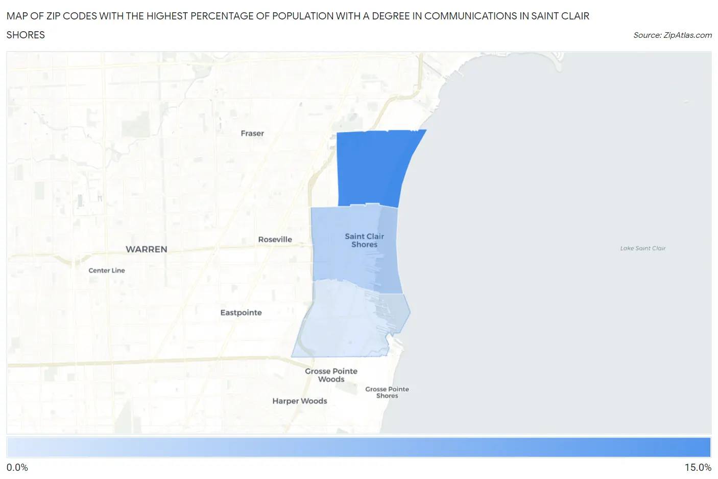 Zip Codes with the Highest Percentage of Population with a Degree in Communications in Saint Clair Shores Map