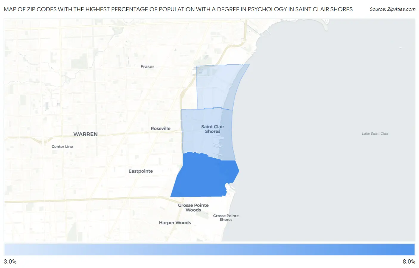 Zip Codes with the Highest Percentage of Population with a Degree in Psychology in Saint Clair Shores Map