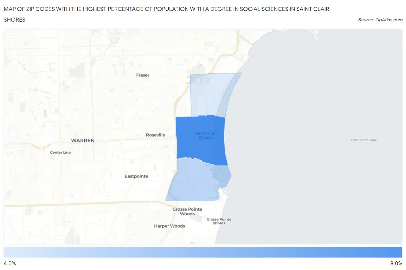Zip Codes with the Highest Percentage of Population with a Degree in Social Sciences in Saint Clair Shores Map