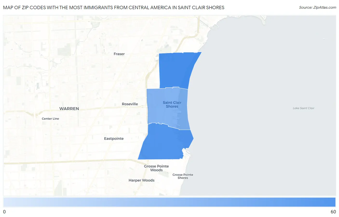 Zip Codes with the Most Immigrants from Central America in Saint Clair Shores Map