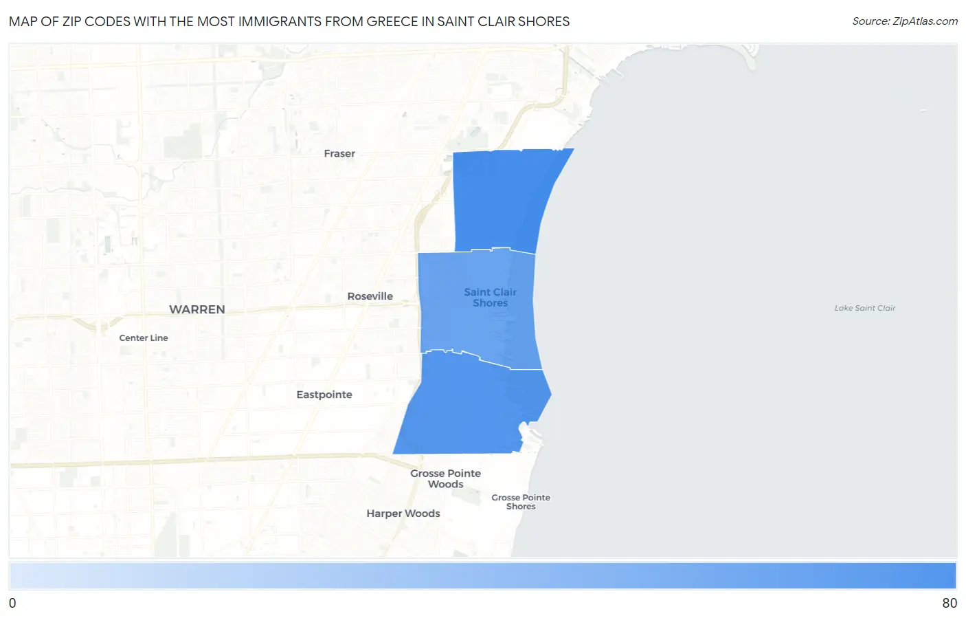 Zip Codes with the Most Immigrants from Greece in Saint Clair Shores Map