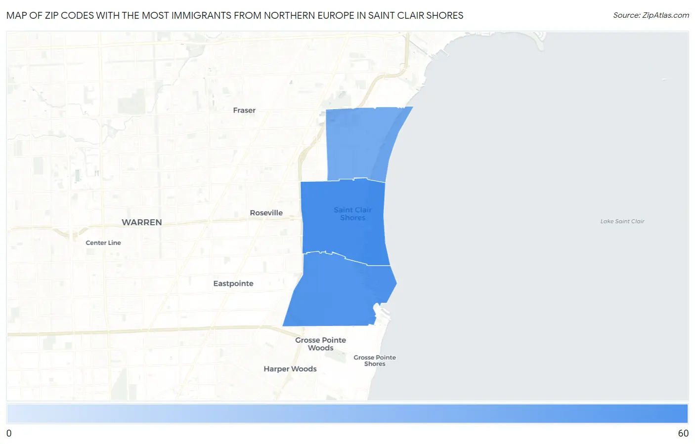 Zip Codes with the Most Immigrants from Northern Europe in Saint Clair Shores Map