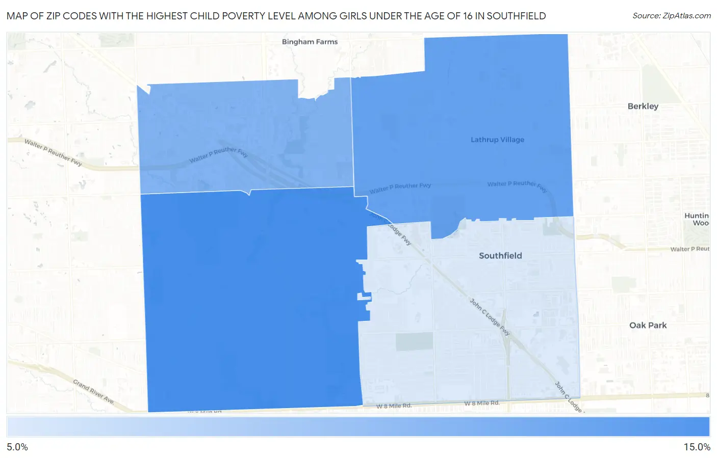 Zip Codes with the Highest Child Poverty Level Among Girls Under the Age of 16 in Southfield Map