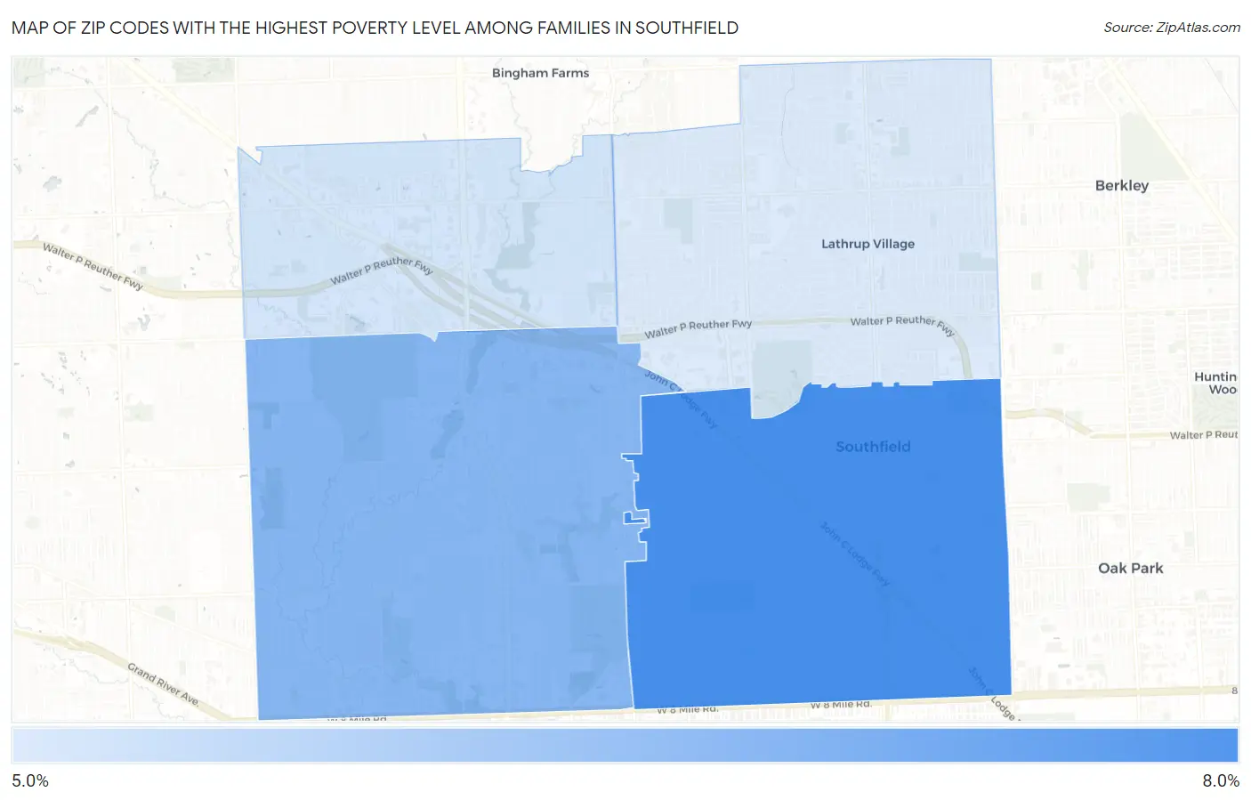 Zip Codes with the Highest Poverty Level Among Families in Southfield Map