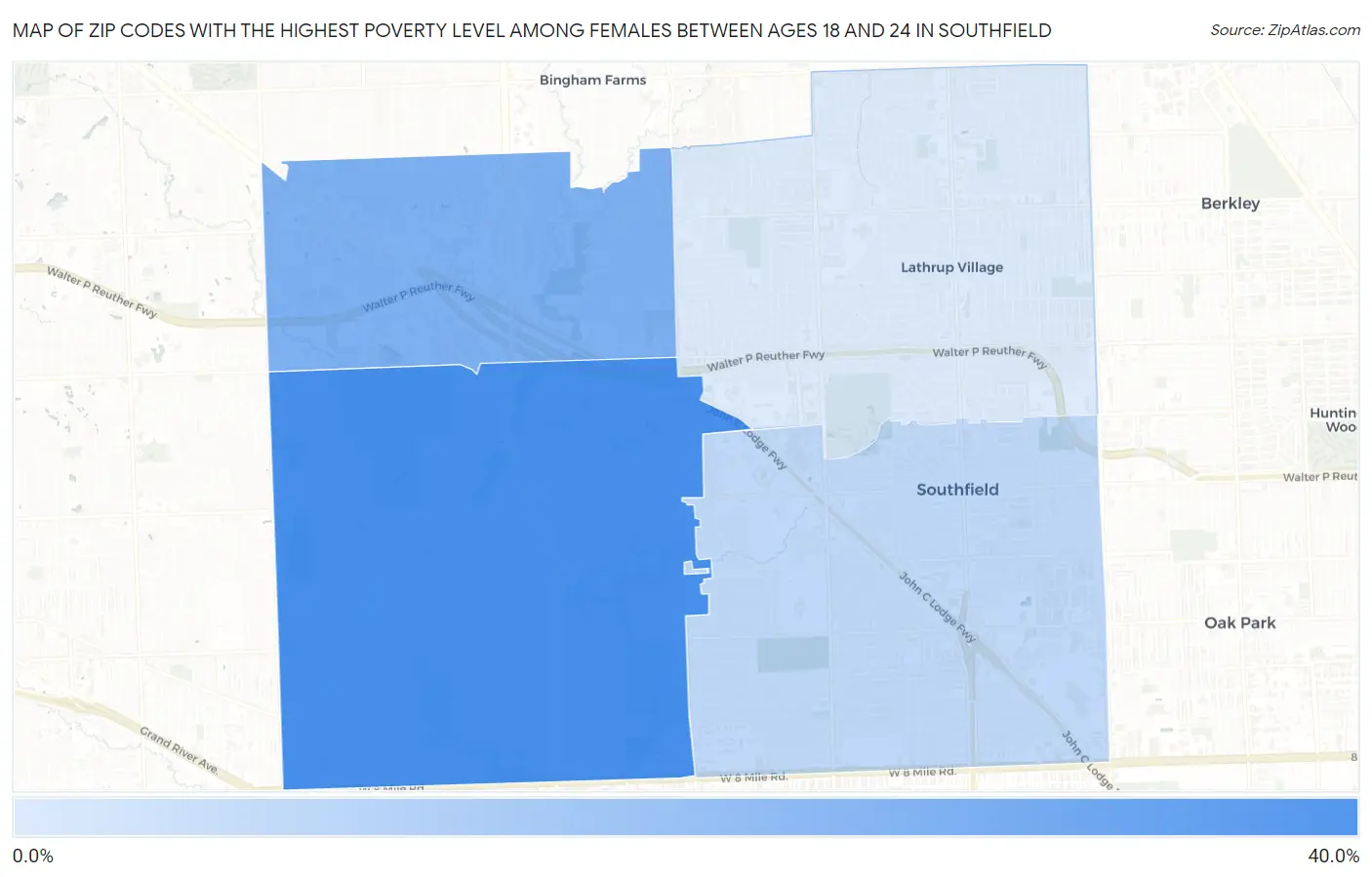 Zip Codes with the Highest Poverty Level Among Females Between Ages 18 and 24 in Southfield Map