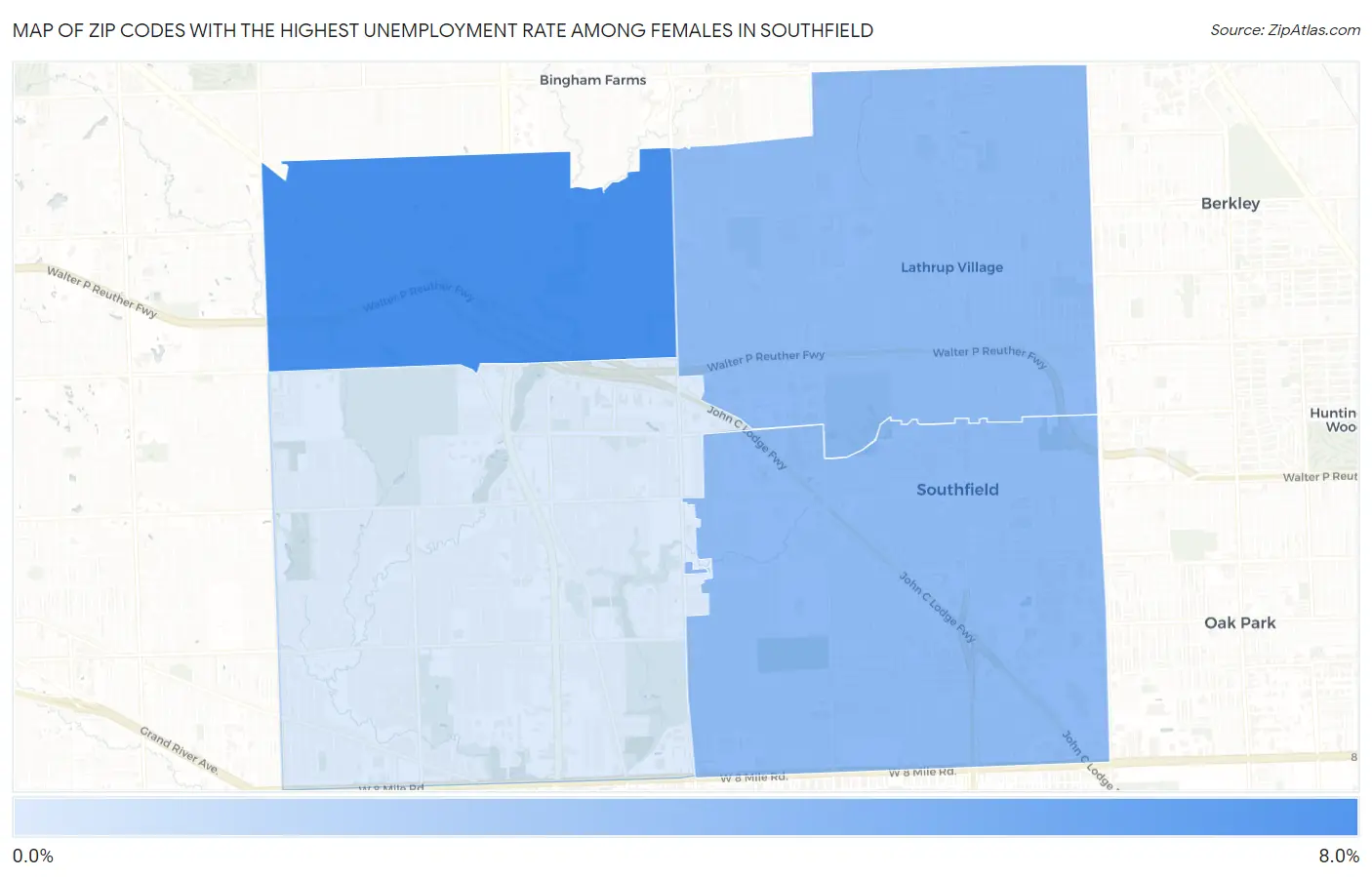Zip Codes with the Highest Unemployment Rate Among Females in Southfield Map