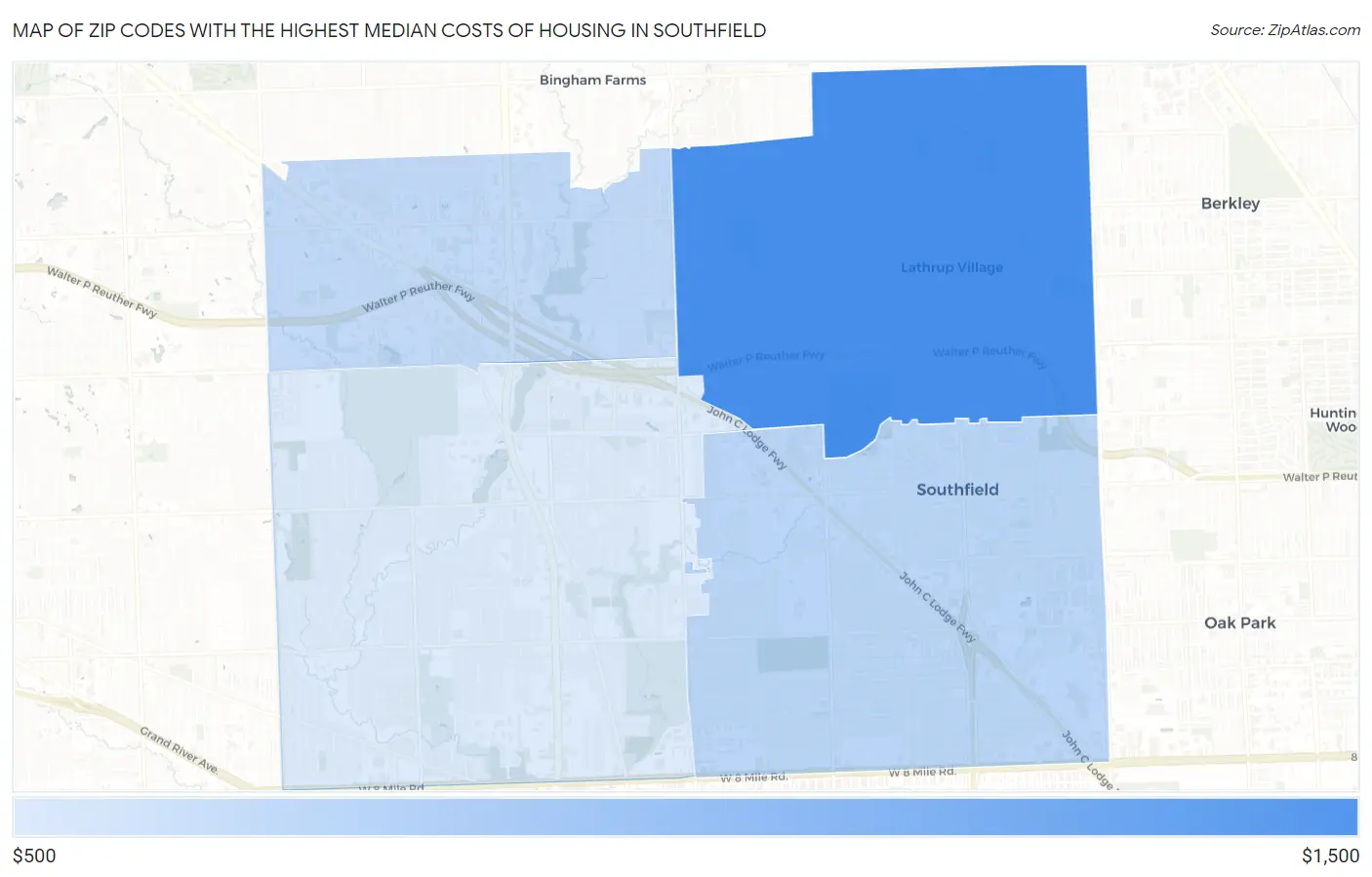 Zip Codes with the Highest Median Costs of Housing in Southfield Map