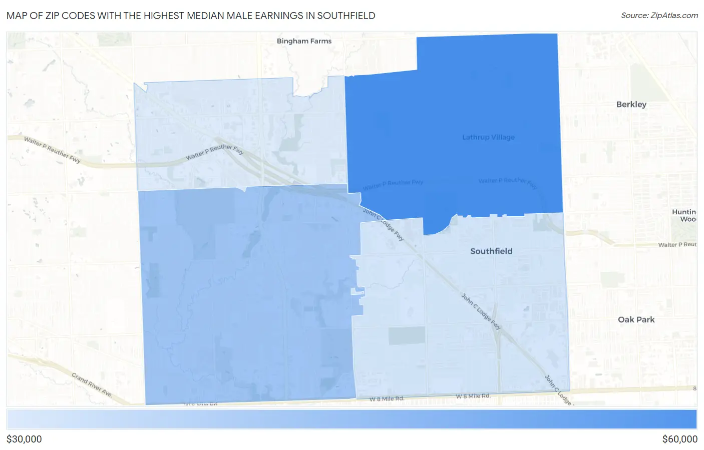 Zip Codes with the Highest Median Male Earnings in Southfield Map
