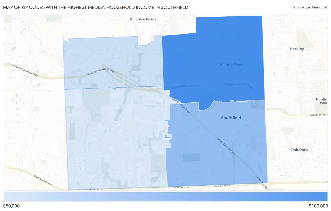 Zip Codes with the Highest Median Household Income in Southfield Map