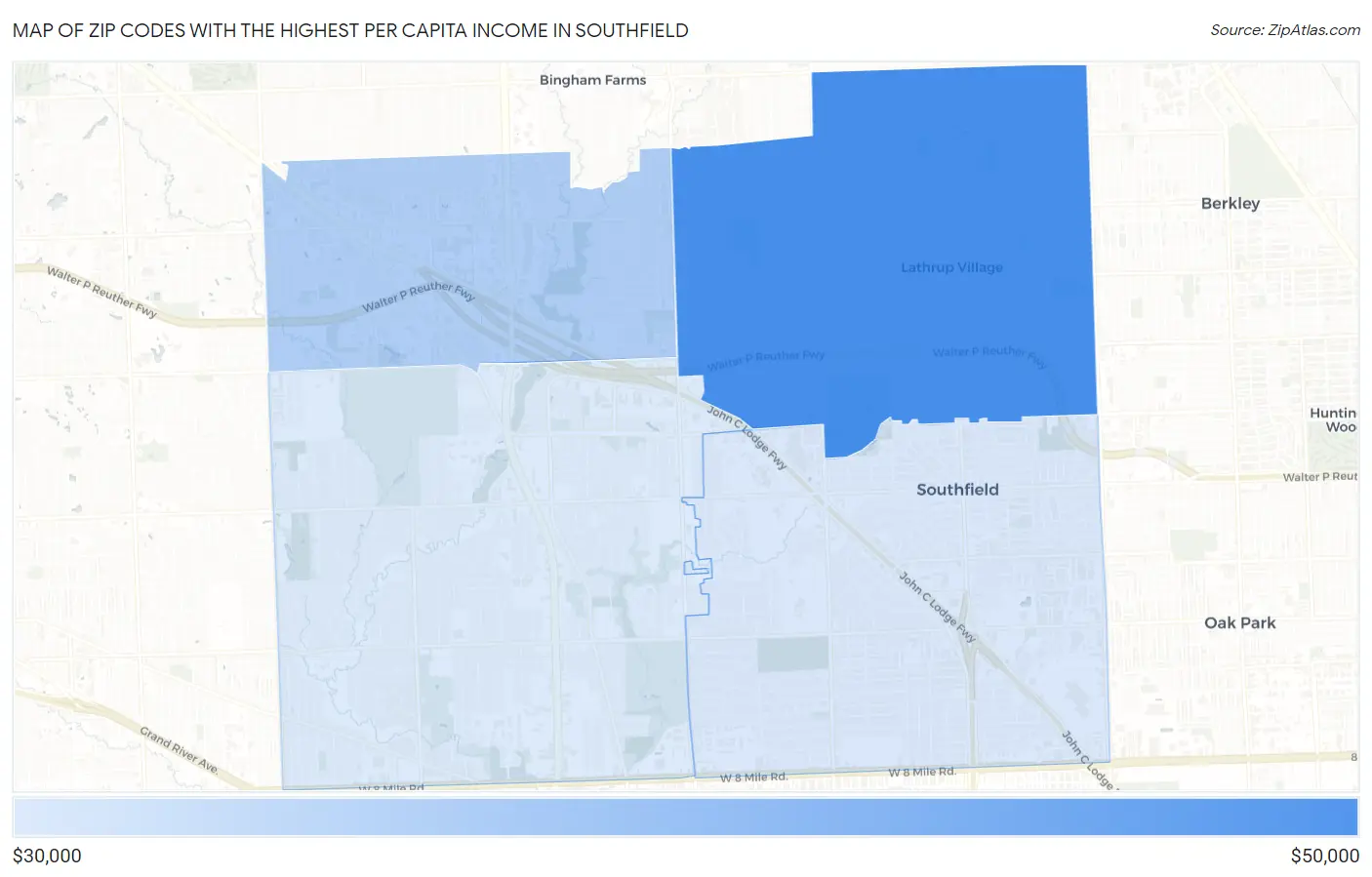 Zip Codes with the Highest Per Capita Income in Southfield Map